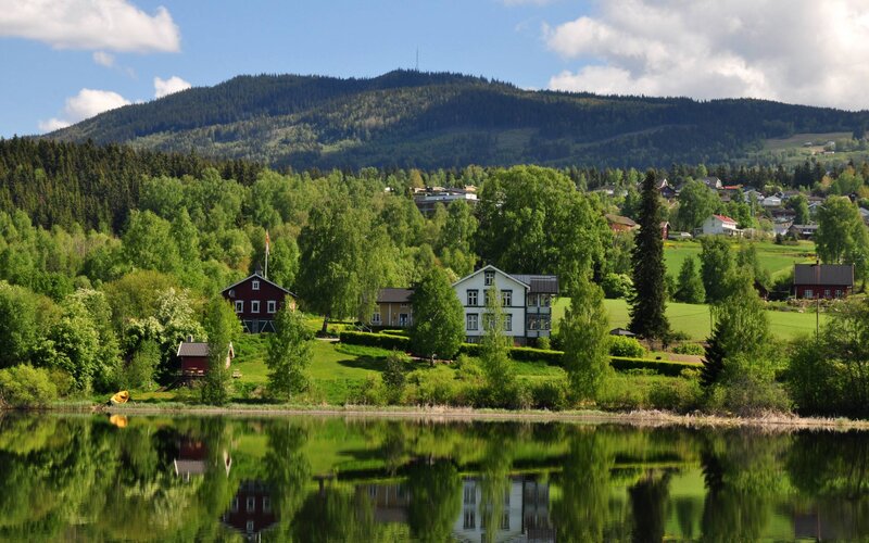Village by Lake and Mountain — Green, Serene