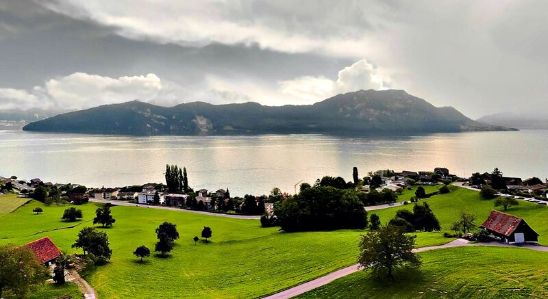 Village by Lake and Mountain — Green