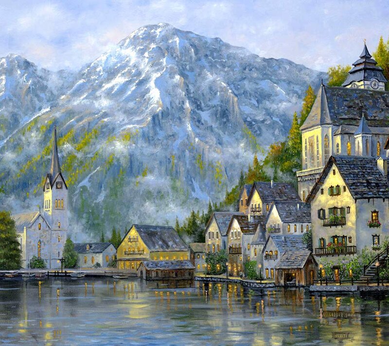 Village by Lake and Mountain