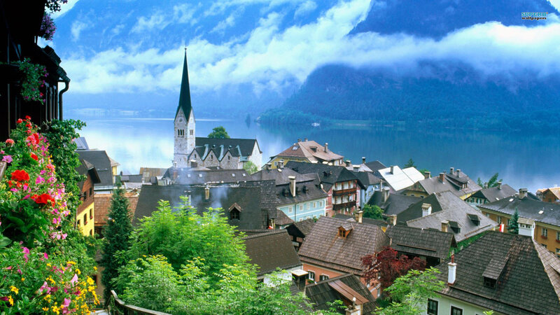 Village by Lake and Mountains — Blue, Serene, Morning