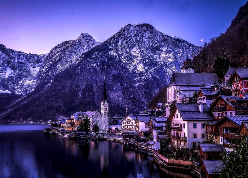 Village by Lake and Mountains — Blue, Serene, Night, Photograph
