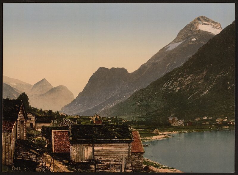 Village by Lake and Mountains — Blue, Serene, Sunset