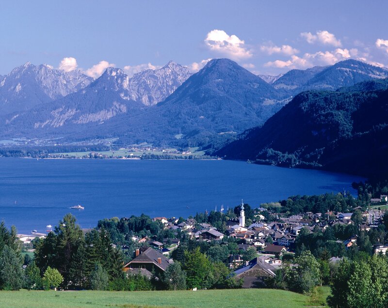 Village by Lake and Mountains — Blue