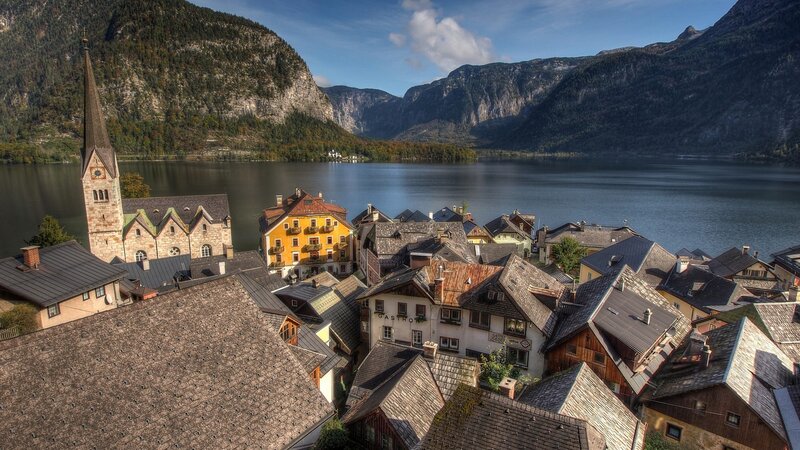 Village by Lake and Mountains — Brown