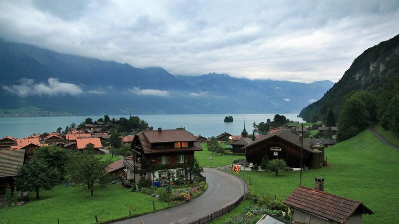 Village by Lake and Mountains — Green, Serene, Morning