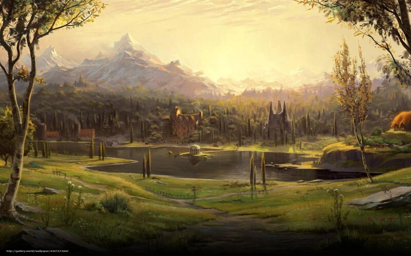 Village by Lake and Mountains — Green, Serene, Sunset, Digital Art