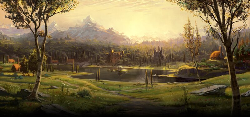 Village by Lake and Mountains — Green, Serene, Sunset, Painting, Trees