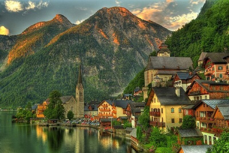 Village by Lake and Mountains — Green, Serene, Sunset, Photograph