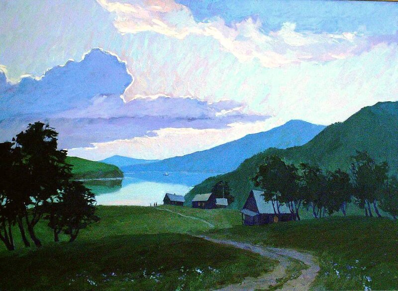 Village by Lake and Mountains — Green, Serene, Sunset