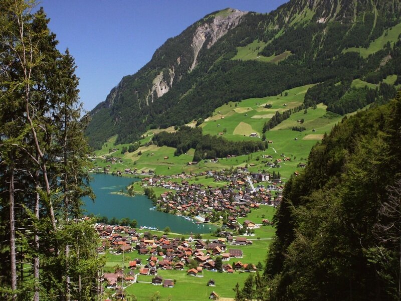 Village by Lake and Mountains — Green