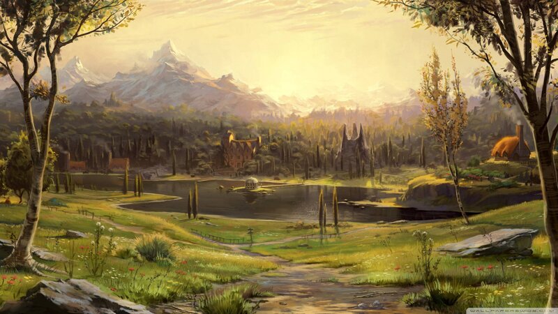 Village by Lake and Mountains