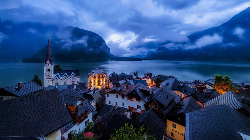 Village by Lake at Dusk — Blue, Dramatic