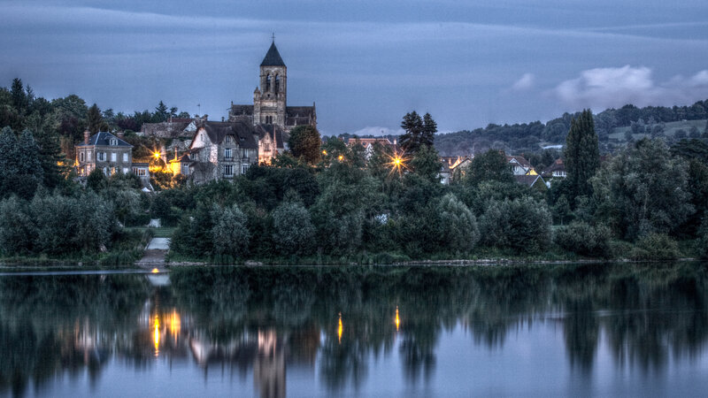 Village by Lake at Dusk — Blue, Serene
