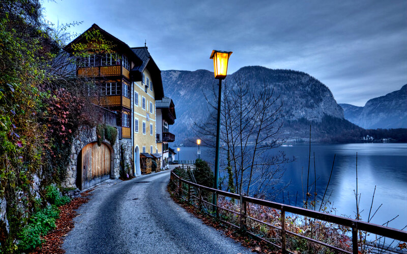 Village by Lake at Dusk — Blue