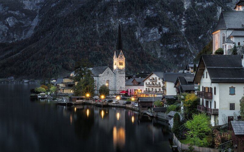 Village by Lake at Dusk — Dark Blue
