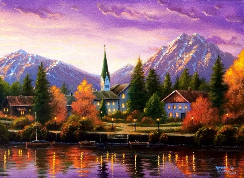Village by Lake at Dusk — Purple