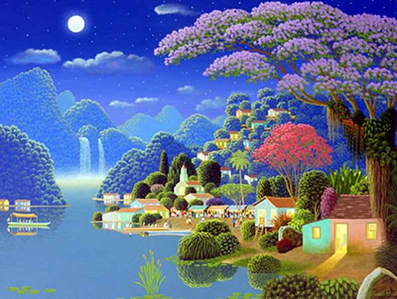 Village by Lake at Night — Blue, Serene, Painting, Moon