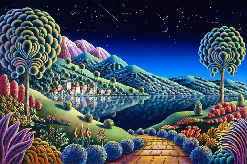 Village by Lake at Night — Blue, Serene, Painting, Mountains
