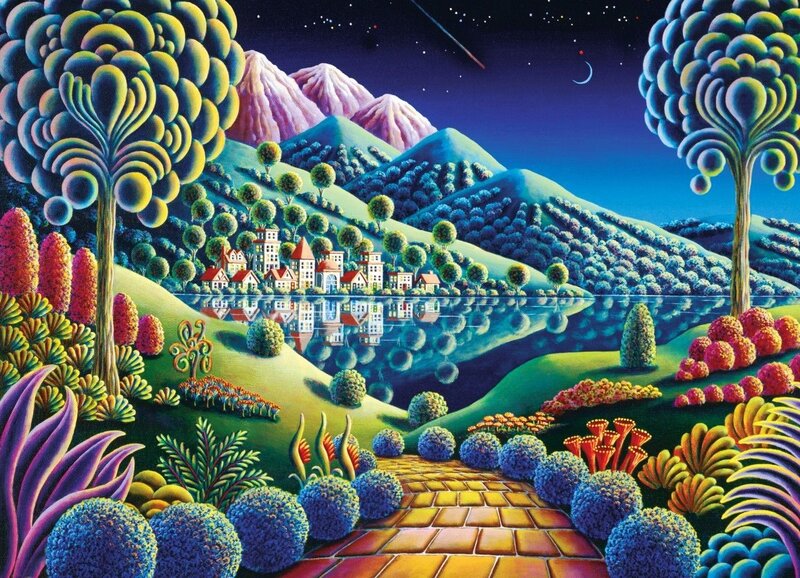 Village by Lake at Night — Blue, Serene, Painting