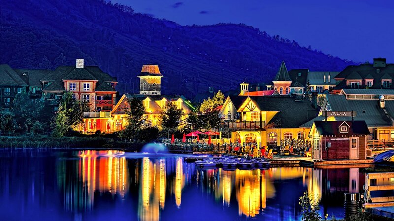 Village by Lake at Night — Blue, Serene, Photograph