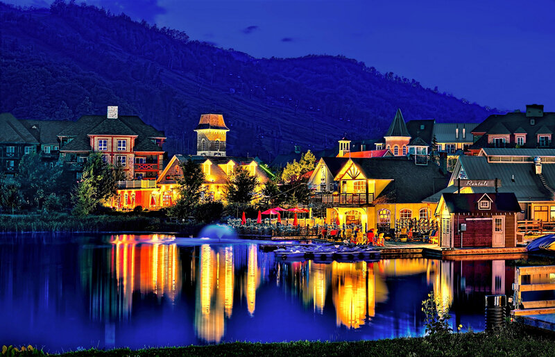 Village by Lake at Night — Blue, Serene