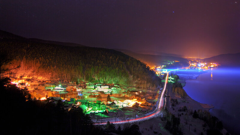 Village by Lake at Night