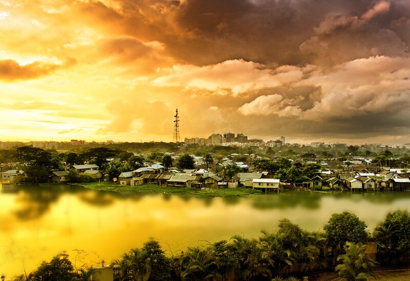 Village by Lake at Sunset — Gold