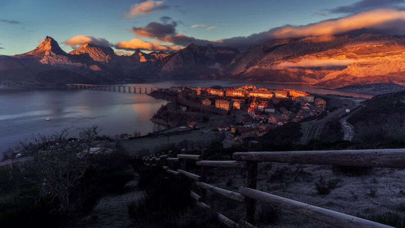 Village by Lake at Sunset — Orange, Dramatic