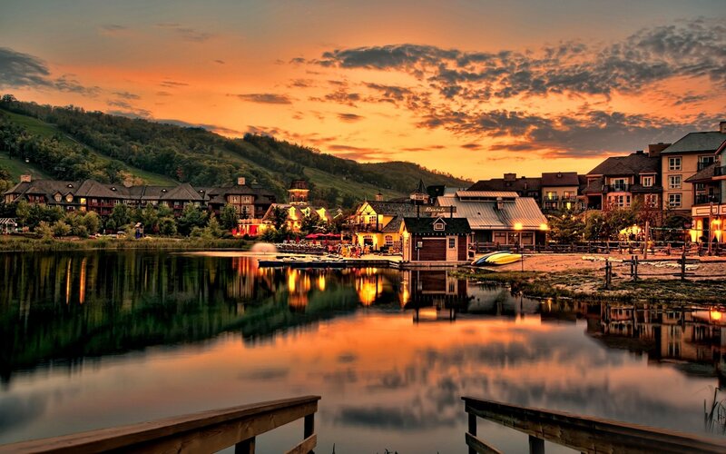 Village by Lake at Sunset — Orange, Serene, Photograph