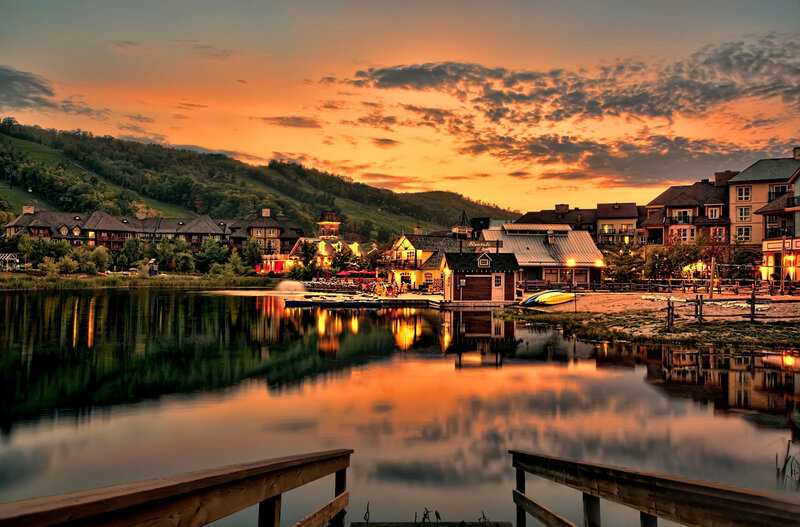 Village by Lake at Sunset — Orange, Serene