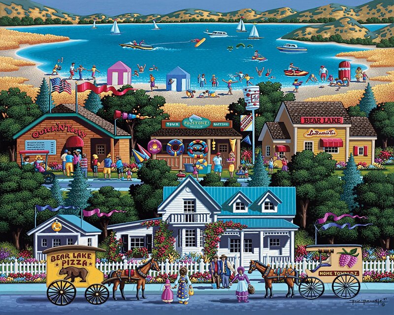 Village by Lake — Blue, Cheerful