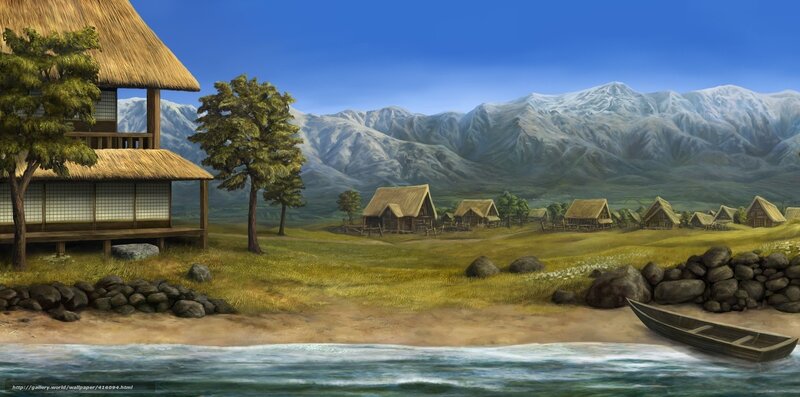 Village by Lake — Blue, Serene, Afternoon, Digital Art