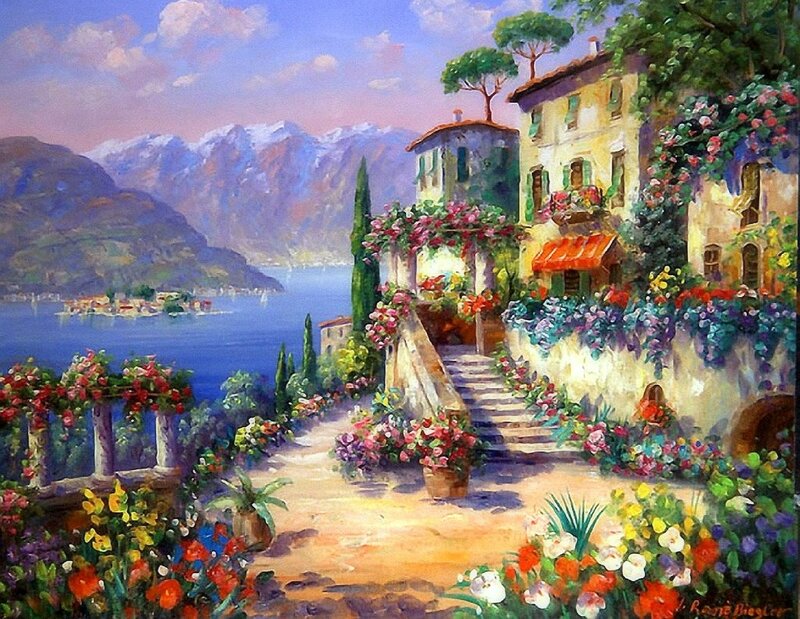 Village by Lake — Blue, Serene, Afternoon