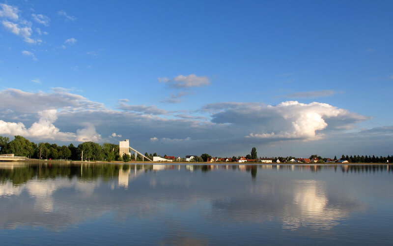 Village by Lake — Blue, Serene