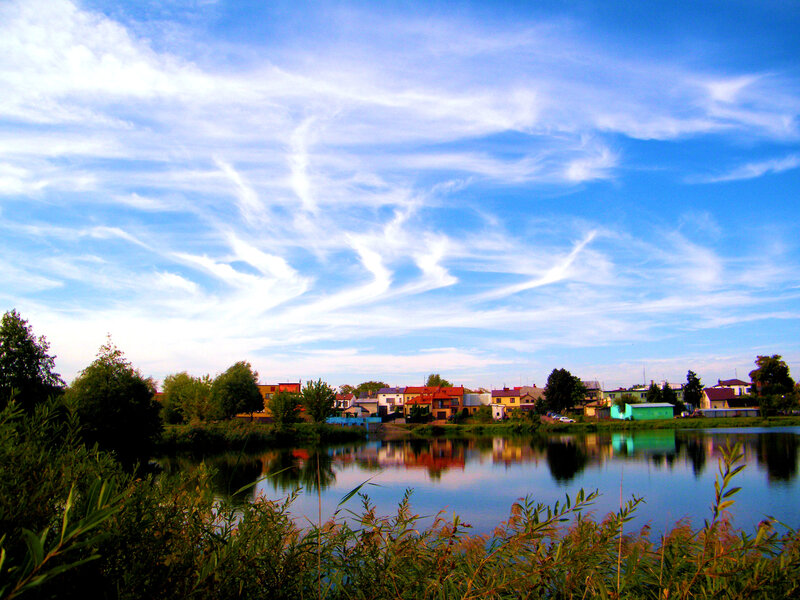 Village by Lake — Blue