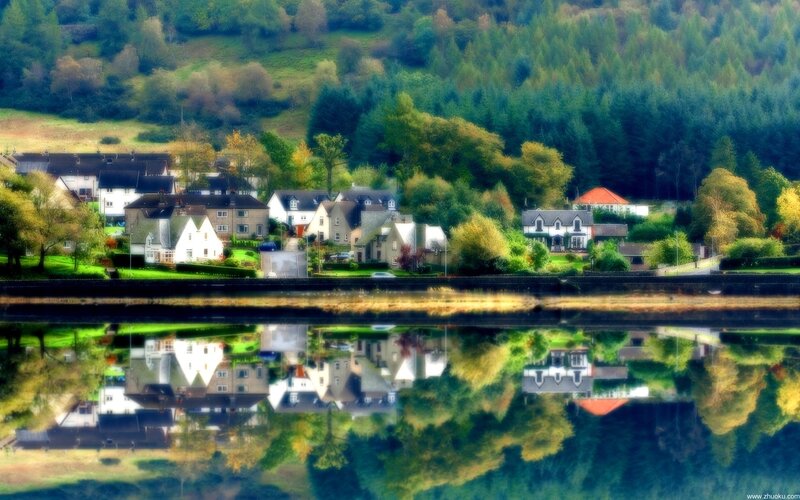 Village by Lake — Green, Serene, Afternoon, Photograph, Houses