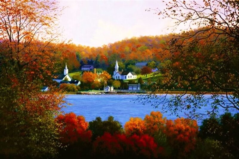 Village by Lake in Autumn — Blue