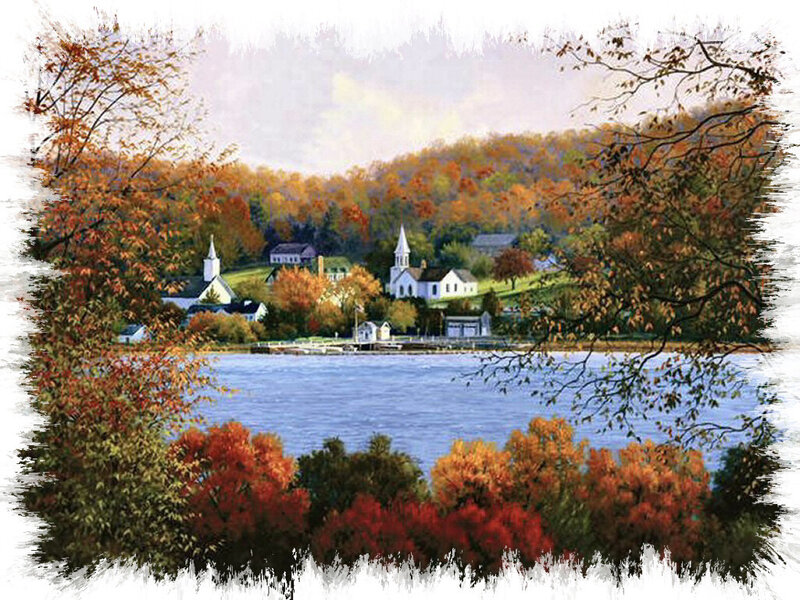 Village by Lake in Autumn