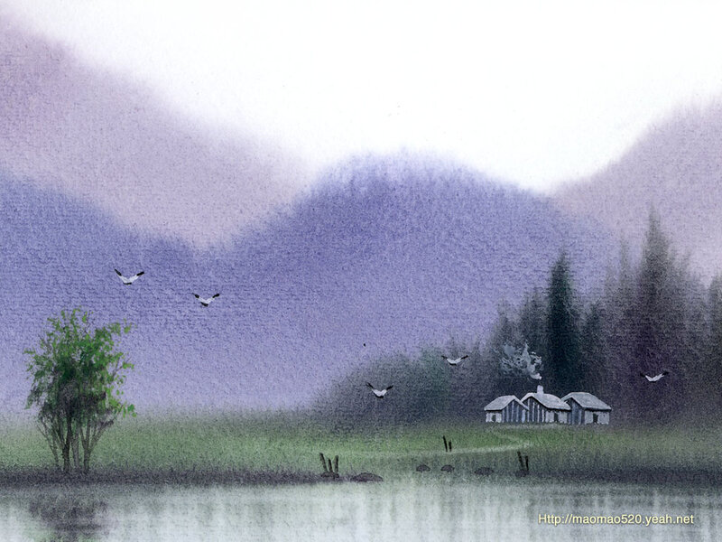 Village by Lake in Mist