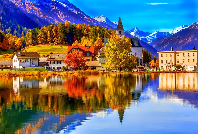 Village by Lake in Mountains — Blue