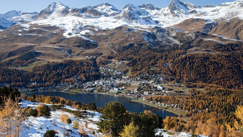 Village by Lake in Mountains — Brown