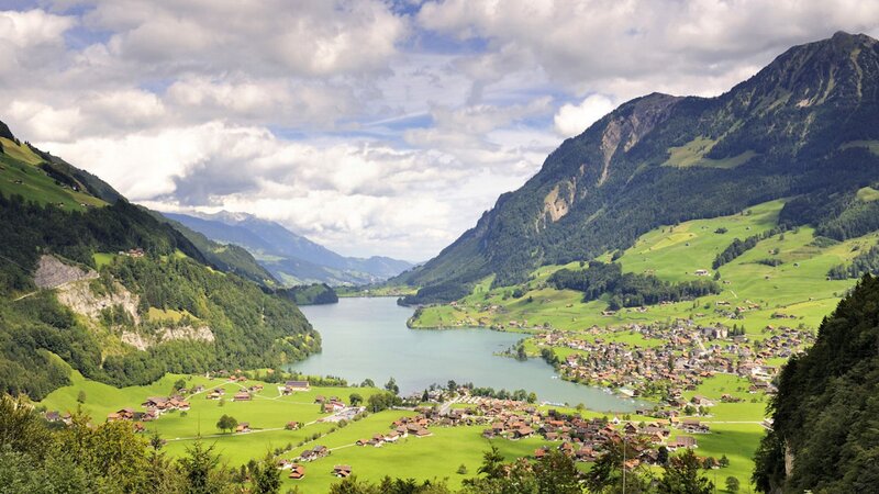 Village by Lake in Mountains — Green