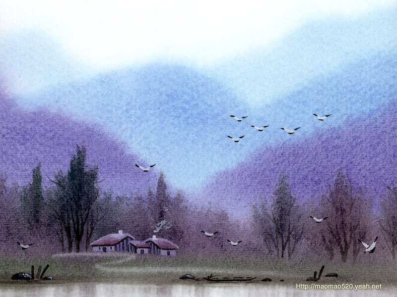 Village by Lake with Birds