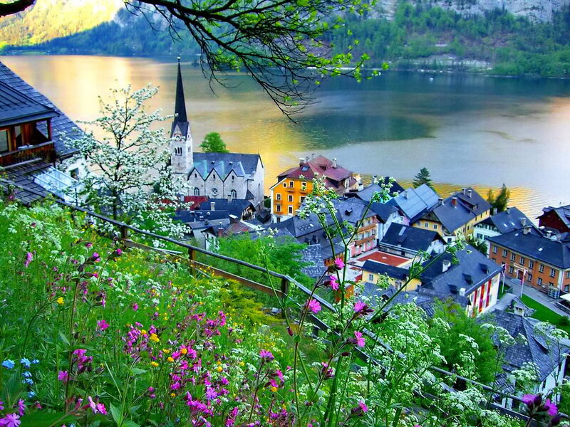 Village by Lake with Church