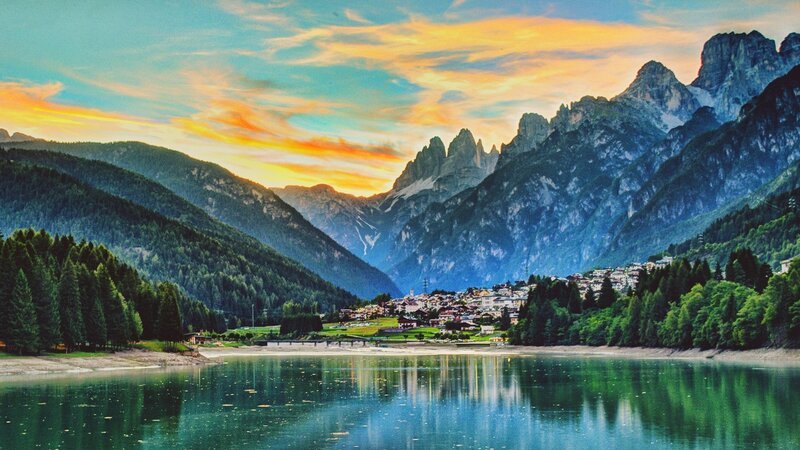 Village by Mountain Lake — Blue