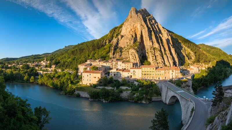 Village by River and Mountain — Blue