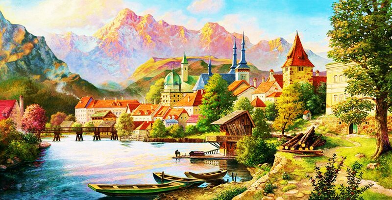 Village by River and Mountains — Blue, Serene