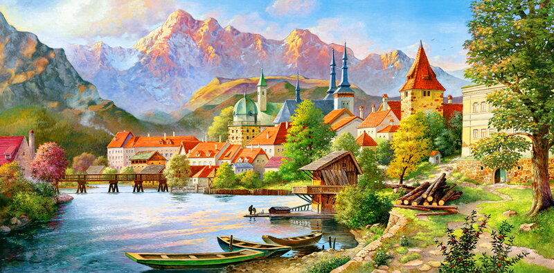 Village by River and Mountains — Blue
