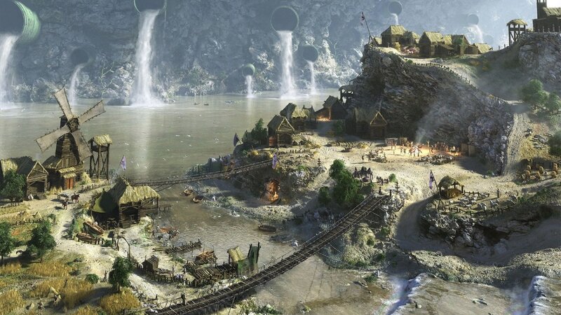 Village by River and Waterfall