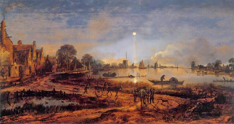 Village by River at Dusk — Blue